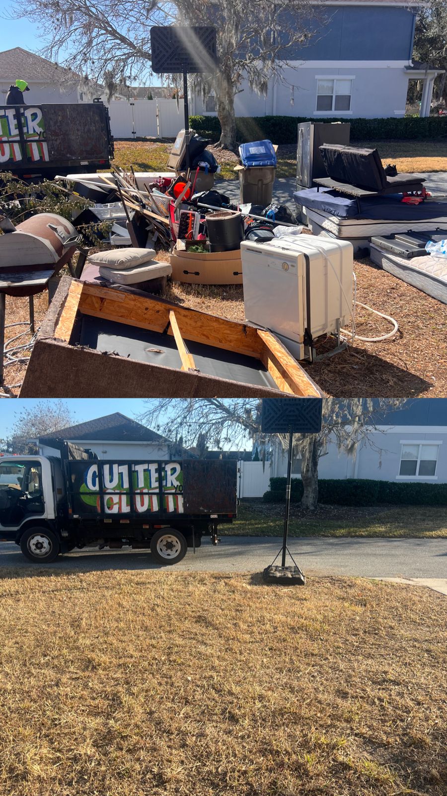 Before and after junk removal with Gutter Your Clutter truck