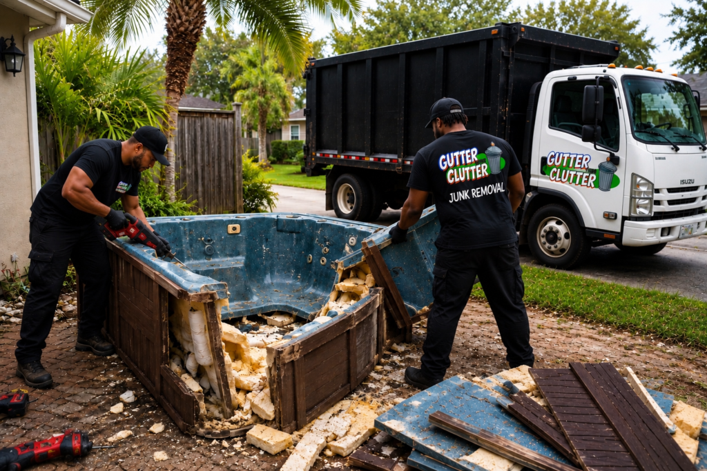 Gutter Your Clutter crew doing hot tub removal in Orlando
